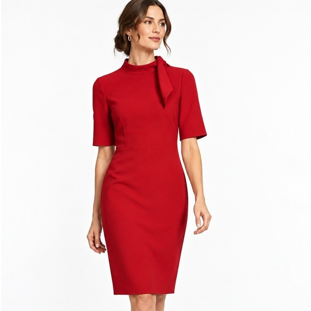 Hobbs London Red Tie Neck Sheath Dress Short Sleeve Midi Size 4